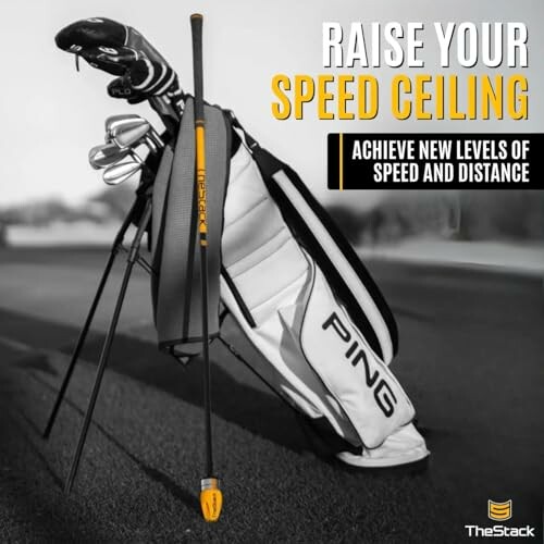 Golf club and bag with text promoting speed training.