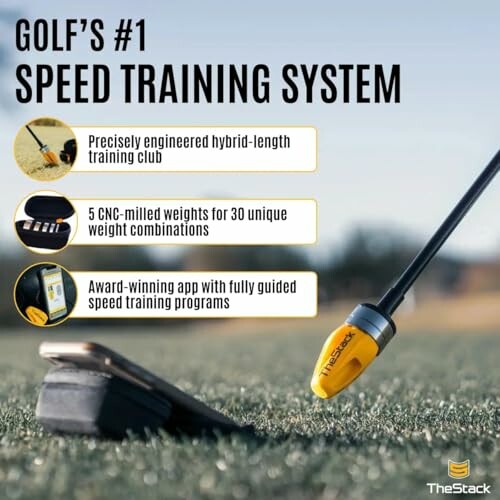 Golf's number one speed training system with hybrid-length club, CNC-milled weights, and app.