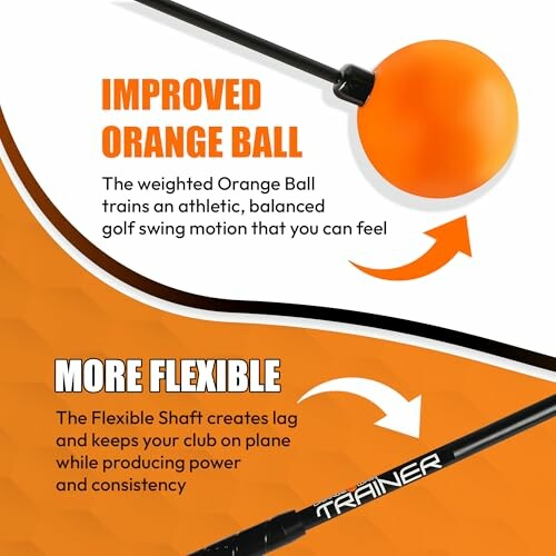 Golf swing trainer with orange ball and flexible shaft.